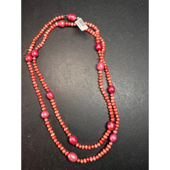 NEW coral pink freshwater pearl 36 inch necklace with sterling silver clasp - Picture 3 of 12